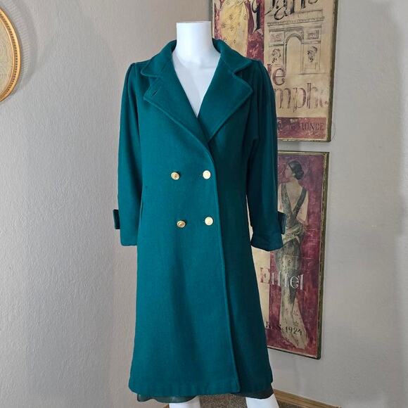 Vintage Teal Double Breasted Wool Pea Coat by Fortmann with Andover Fabric sz M - Picture 2 of 8